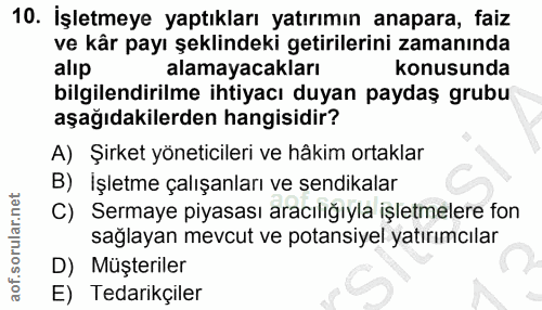10. soru: İşletmeye yaptıkları yatırımın anapara, faiz ve kår payı şeklindeki getirilerini zamanında alıp alamayacakları konusu…