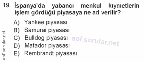 19. soru: İspanya'da yabancı menkul kıymetlerin işlem gördüğü piyasaya ne ad verilir? A) Yankee piyasası B) Samurai piyasası C)…