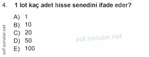 4. soru: 1 lot kaç adet hisse senedini ifade eder? A) 1 B) 10 C) 20 D) 50 E) 100