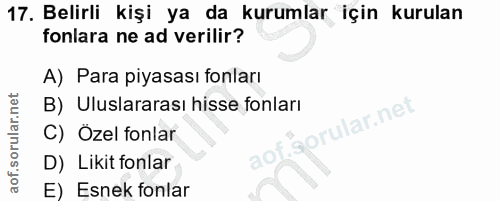 17. soru: Belirli kişi ya da kurumlar için kurulan fonlara ne ad verilir? A) Para piyasası fonları B) Uluslararası hisse fonlar…