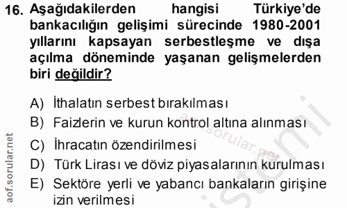 16. soru: Aşağıdakilerden hangisi Türkiye'de bankacılığın gelişimi sürecinde 1980-2001 yıllarını kapsayan serbestleşme ve dışa…