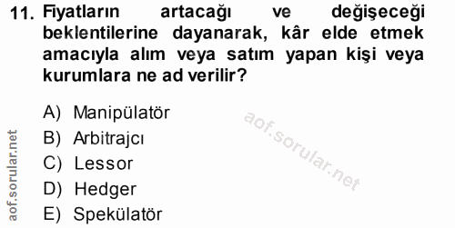 11. soru: Fiyatların artacağı ve değişeceği beklentilerine dayanarak, kår elde etmek amacıyla alım veya satım yapan kişi veya k…