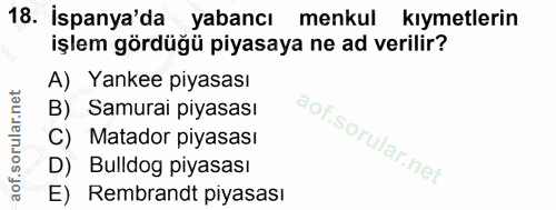 18. soru: İspanya'da yabancı menkul kıymetlerin işlem gördüğü piyasaya ne ad verilir? A) Yankee piyasası B) Samurai piyasası C)…