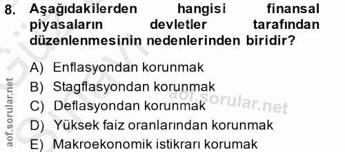 8. soru: Aşağıdakilerden hangisi finansal piyasaların devletler tarafından düzenlenmesinin nedenlerinden biridir? A) Enflasyon…