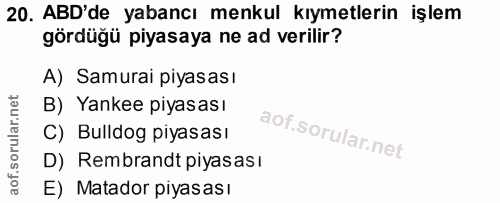 20. soru: ABD'de yabancı menkul kıymetlerin işlem gördüğü piyasaya ne ad verilir? A) Samurai piyasası B) Yankee piyasası C) Bul…