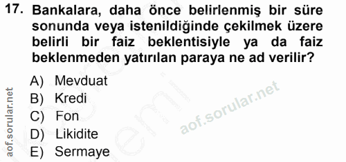 17. soru: Bankalara, daha önce belirlenmiş bir süre sonunda veya istenildiğinde çekilmek üzere belirli bir faiz beklentisiyle y…
