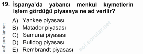 19. soru: İspanya'da yabancı menkul kıymetlerin işlem gördüğü piyasaya ne ad verilir? A) Yankee piyasası B) Matador piyasası ll…