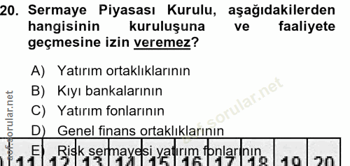 20. soru: Sermaye Piyasası Kurulu, aşağıdakilerden hangisinin kuruluşuna ve faaliyete geçmesine izin veremez? A) Yatırım ortakl…