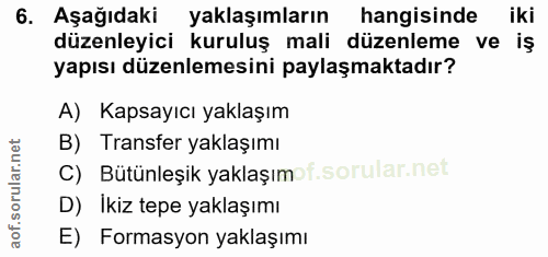 6. soru: Aşağıdaki yaklaşımların hangisinde iki düzenleyici kuruluş mali düzenleme ve iş yapısı düzenlemesini paylaşmaktadır?…