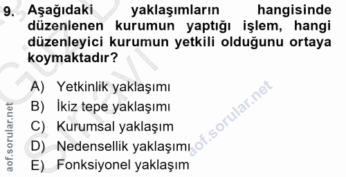 9. soru: Aşağıdaki yaklaşımların hangisinde düzenlenen kurumun yaptığı işlem, hangi düzenleyici kurumun yetkili olduğunu ortay…