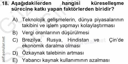 18. soru: Aşağıdakilerden hangisi küreselleşme sürecine katkı yapan faktörlerden biridir? A) Teknolojik gelişmelerin, dünya piy…