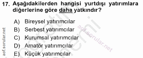 17. soru: Aşağıdakilerden hangisi yurtdışı yatırımlara diğerlerine göre daha yatkındır? A) Bireysel yatırımcılar B) Serbest yat…