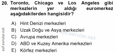 20. soru: Toronto, Chicago ve Los Angeles gibi merkezlerin yer aldiğı euromerkez aşağıdakilerden hangisidir? A) Hint Denizi mer…