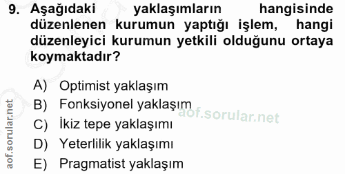 9. soru: Aşağıdaki yaklaşımların hangisinde düzenlenen kurumun yaptığı işlem, hangi düzenleyici kurumun yetkili olduğunu ortay…