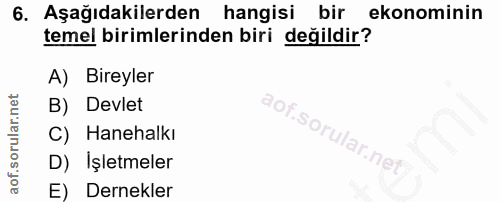 6. soru: Aşağıdakilerden hangisi bir ekonominin temel birimlerinden biri değildir? A) Bireyler B) Devlet C) Hanehalkı D) Işlet…