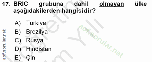17. soru: BRIC grubuna dahil olmayan ülke aşağıdakilerden hangisidir? A) Türkiye B) Brezilya C) Rusya D) Hindistan E) Çin