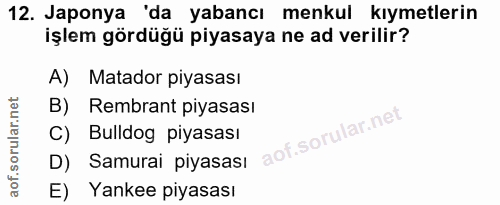 12. soru: Japonya 'da yabancı menkul kıymetlerin işlem gördüğü piyasaya ne ad verilir? A) Matador piyasası B) Rembrant piyasası…