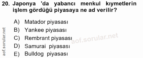 20. soru: Japonya "da yabancı menkul kıymetlerin işlem gördüğü piyasaya ne ad verilir? A) Matador piyasası B) Yankee piyasası C…
