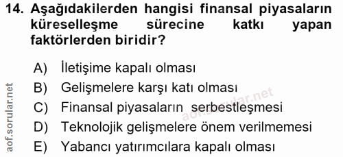 14. soru: Aşağıdakilerden hangisi finansal piyasaların küreselleşme sürecine katkı yapan faktörlerden biridir? A) Iletişime kap…