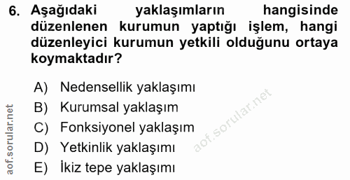 6. soru: Aşağıdaki yaklaşımların hangisinde düzenlenen kurumun yaptığı işlem, hangi düzenleyici kurumun yetkili olduğunu ortay…
