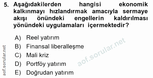 5. soru: Aşağıdakilerden hangisi ekonomik kalkınmayı hızlandırmak amacıyla sermaye akışı önündeki engellerin kaldırılması yönü…