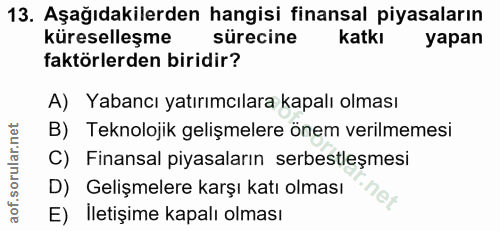 13. soru: Aşağıdakilerden hangisi finansal piyasaların küreselleşme sürecine katkı yapan faktörlerden biridir? A) Yabancı yatır…