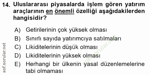 14. soru: Uluslararası piyasalarda işlem gören yatırım araçlarının en önemli özelliği aşağıdakilerden hangisidir? A) Getirileri…