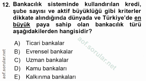 12. soru: Bankacılık sisteminde kullandırılan kredi, şube sayısı ve aktif büyüklüğü gibi kriterler dikkate alındığında dünyada…