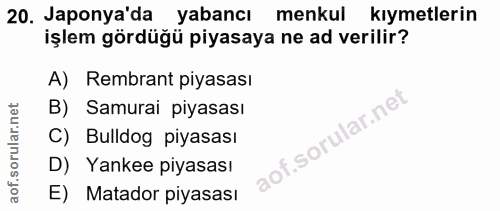 20. soru: Japonya'da yabancı menkul kıymetlerin işlem gördüğü piyasaya ne ad verilir? A) Rembrant piyasası B) Samurai piyasası…