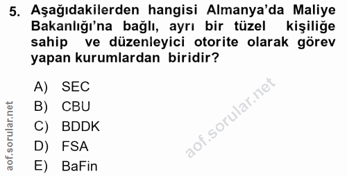 5. soru: Aşağıdakilerden hangisi Almanya'da Maliye Bakanlığı'na bağlı, ayrı bir tüzel kişiliğe sahip ve düzenleyici otorite ol…