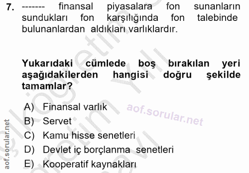 7. soru: finansal piyasalara fon sunanların sundukları fon karşılığında fon talebinde bulunanlardan aldıkları varlıklardır. Yu…