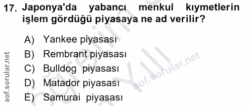 17. soru: Japonyada yabancı menkul kıymetlerin işlem gördüğü piyasaya ne ad verilir? A) Yankee piyasası B) Rembrant piyasası la…