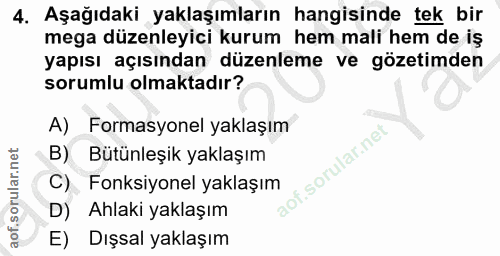 4. soru: Aşağıdaki yaklaşımların hangisinde tek bir mega düzenleyici kurum hem mali hem de iş yapısı açısından düzenleme ve gö…