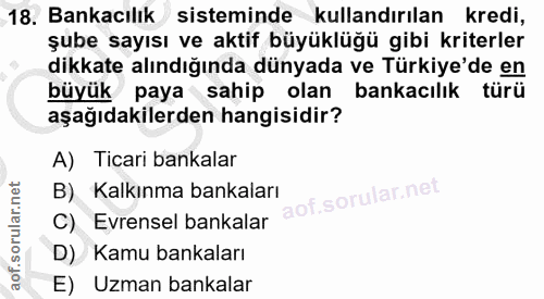 18. soru: Bankacılık sisteminde kullandırılan kredi, şube sayısı ve aktif büyüklüğü gibi kriterler dikkate alındığında dünyada…