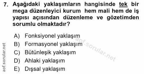 7. soru: Aşağıdaki yaklaşımların hangisinde tek bir mega düzenleyici kurum hem mali hem de iş yapısı açısından düzenleme ve gö…