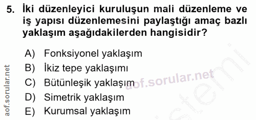 5. soru: İki düzenleyici kuruluşun mali düzenleme ve iş yapısı düzenlemesini paylaştığı amaç bazlı yaklaşım aşağıdakilerden ha…