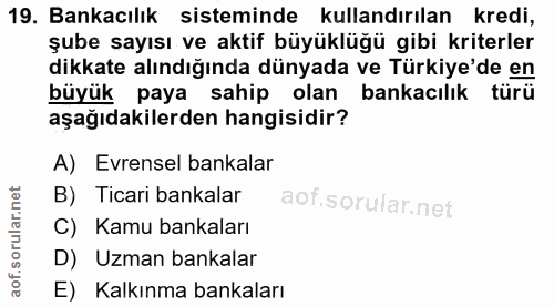 19. soru: Bankacılık sisteminde kullandırılan kredi, şube sayısı ve aktif büyüklüğü gibi kriterler dikkate alındığında dünyada…