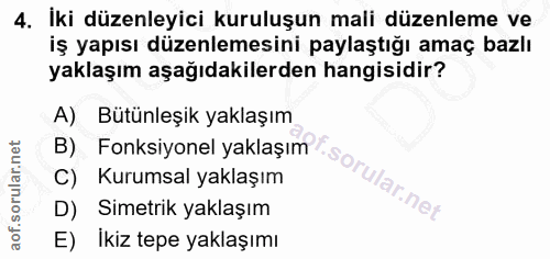 4. soru: İki düzenleyici kuruluşun mali düzenleme ve iş yapısı düzenlemesini paylaştığı amaç bazlı yaklaşım aşağıdakilerden ha…