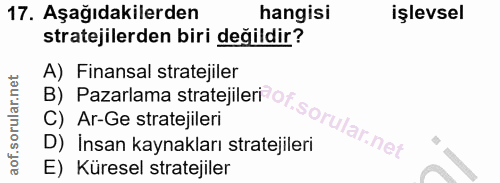 17. soru: Aşağıdakilerden hangisi işlevsel stratejilerden biri değildir? B) Pazarlama stratejileri of. sorular. net A) Finansal…