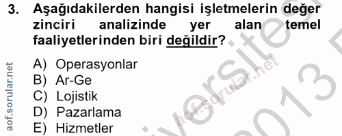 3. soru: Aşağıdakilerden hangisi işletmelerin değer zinciri analizinde yer alan temel faaliyetlerinden biri değildir? A) Opera…