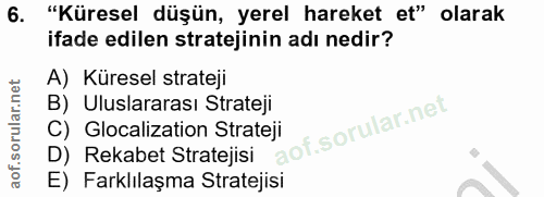 6. soru: "Küresel düşün, yerel hareket et" olarak ifade edilen stratejinin adı nedir? A) Küresel strateji B) Uluslararası Stra…