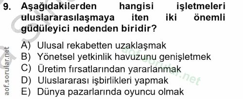 9. soru: Aşağıdakilerden hangisi işletmeleri uluslararasılaşmaya iten iki önemli güdüleyici nedenden biridir? A) Ulusal rekabe…