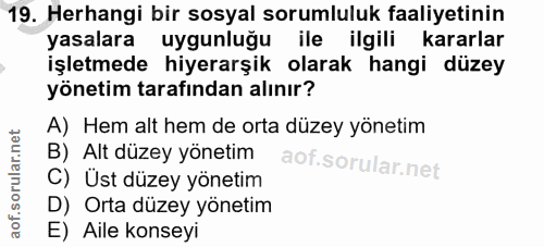 19. soru: Herhangi bir sosyal sorumluluk faaliyetinin yasalara uygunluğu ile ilgili kararlar işletmede hiyerarşik olarak hangi…