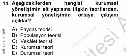 14. soru: Aşağıdakilerden hangisi kurumsal yönetişimin alt yapısına ilişkin teorilerden, kurumsal yönetişimin ortaya çıkışını a…