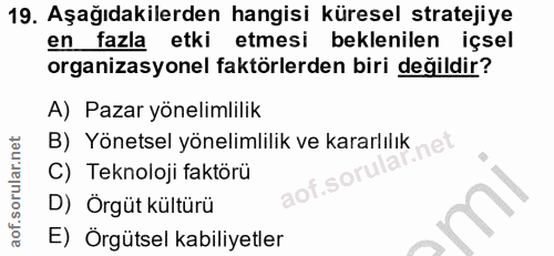 19. soru: Aşağıdakilerden hangisi küresel stratejiye en fazla etki etmesi beklenilen içsel organizasyonel faktörlerden biri değ…