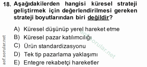 18. soru: Aşağıdakilerden hangisi küresel strateji geliştirmek için değerlendirilmesi gereken strateji boyutlarından biri değil…