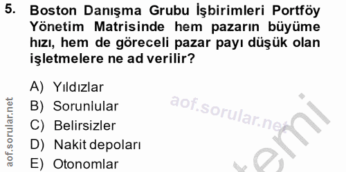 5. soru: Boston Danışma Grubu İşbirimleri Portföy Yönetim Matrisinde hem pazarın büyüme hızı, hem de göreceli pazar payı düşük…