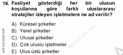 16. soru: Faaliyet gösterdiği her bir ulusun koşullarına göre farklı uluslararası stratejiler izleyen işletmelere ne ad verilir…
