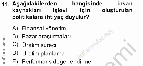 11. soru: Aşağıdakilerden hangisinde insan kaynakları işlevi için oluşturulan politikalara ihtiyaç duyulur? A) Finansal yönetim…