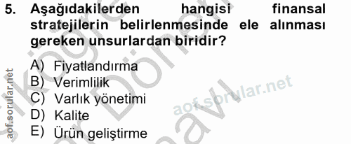 5. soru: Aşağıdakilerden hangisi finansal stratejilerin belirlenmesinde ele alınması gereken unsurlardan biridir? A) Fiyatland…